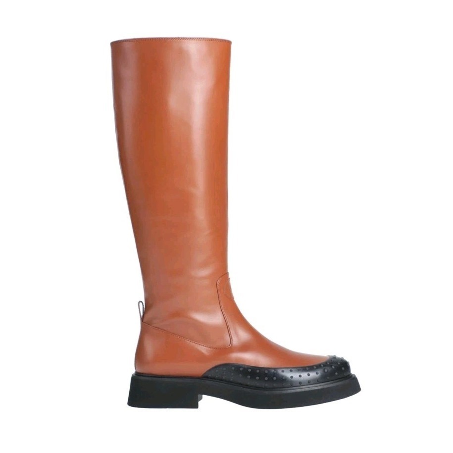 Tod's Hogan Leather Tall Brown / Tan Womens Boots Chunky Rubber Heel New!